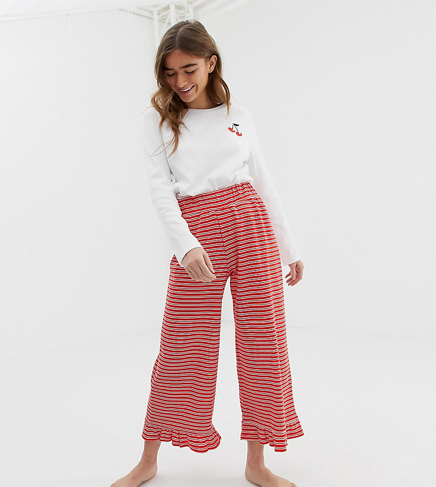 ASOS DESIGN petite mix & match cherry stripe frill pyjama trouser