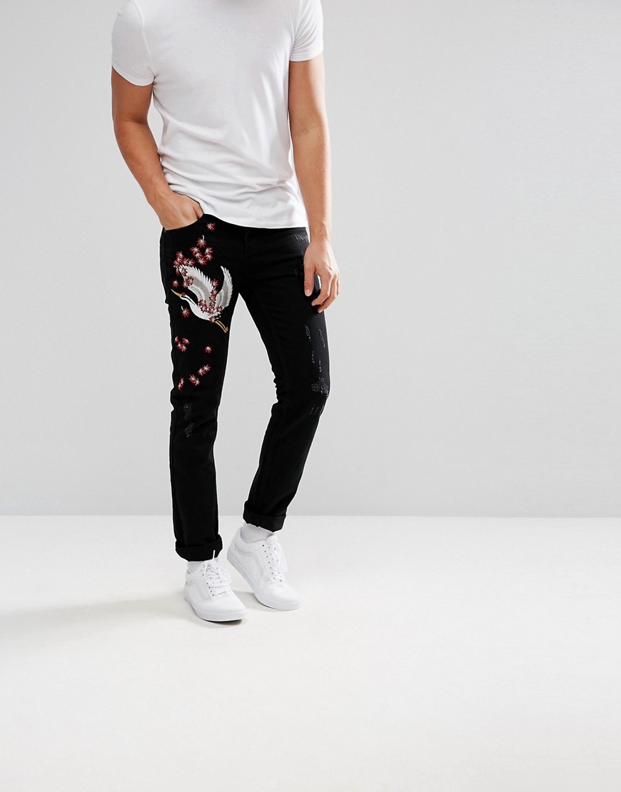 Illegal Club Skinny Jeans In Black With Embroidery - Black
