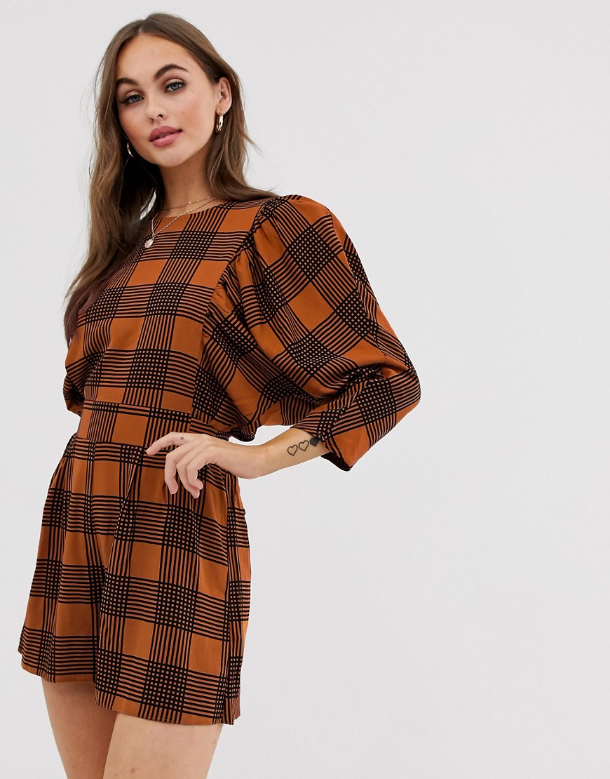 ASOS DESIGN check print puff sleeve playsuit with tie waist