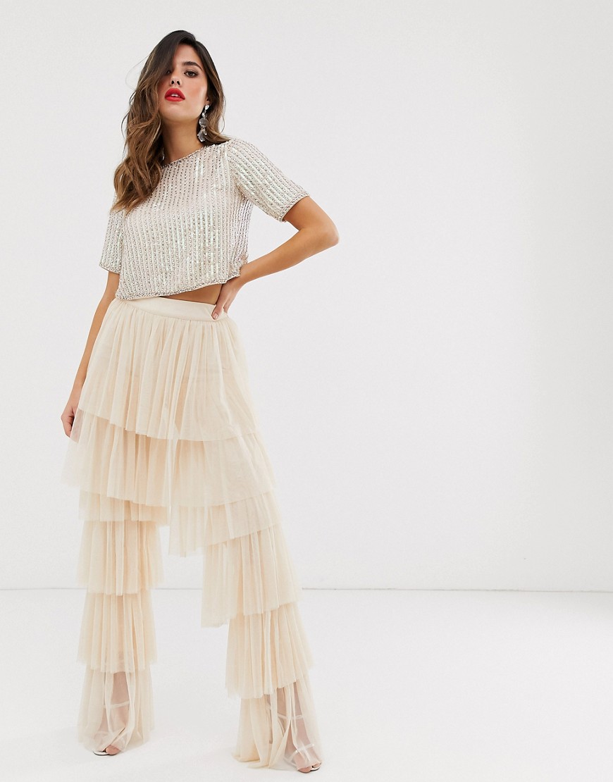 Lace & Beads tiered tulle palazzo trousers in pale pink
