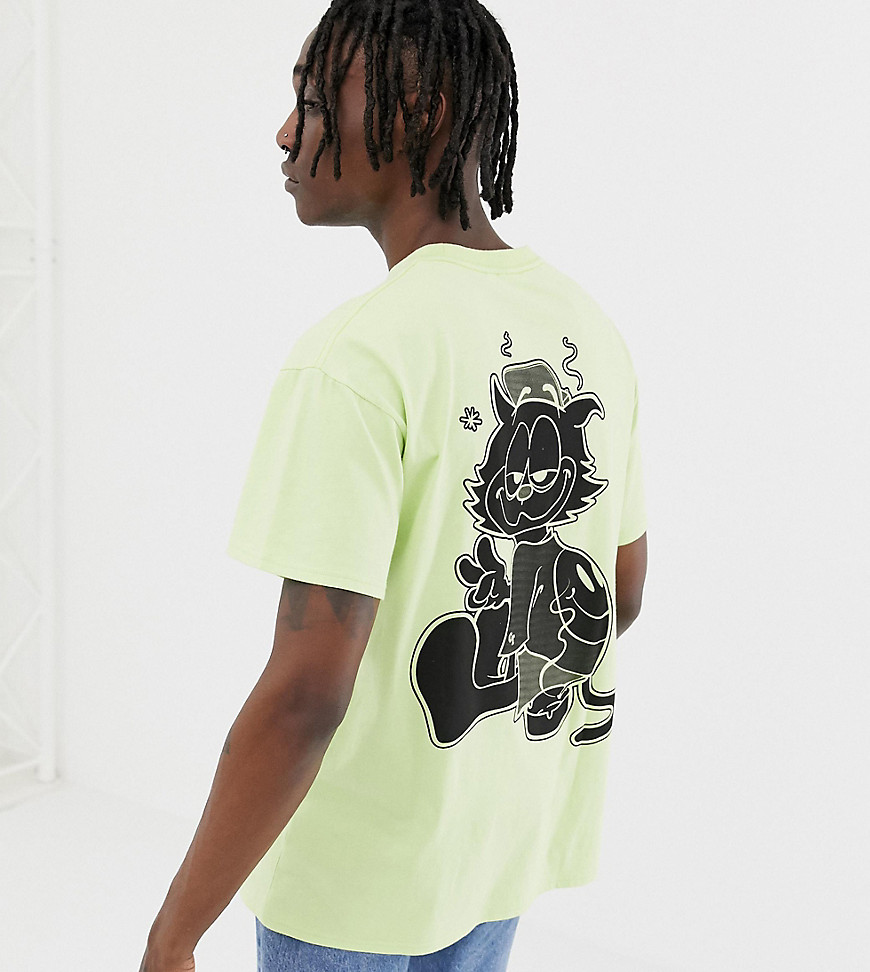 Crooked Tongues t-shirt in acid yellow with cat print