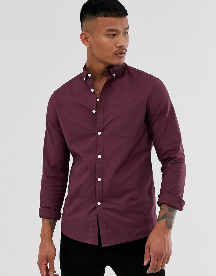 ASOS DESIGN skinny fit casual oxford shirt in burgundy