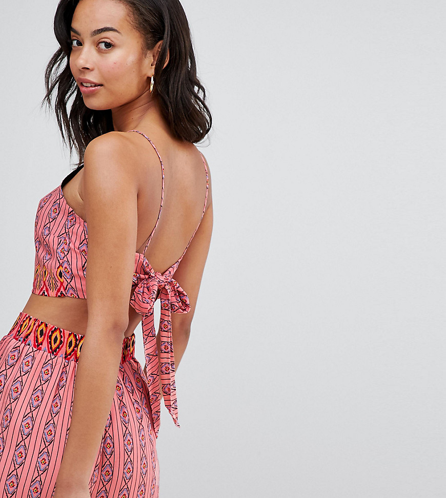 Glamorous Tall High Neck Crop Top With Tie Back In Aztec Print Co-Ord