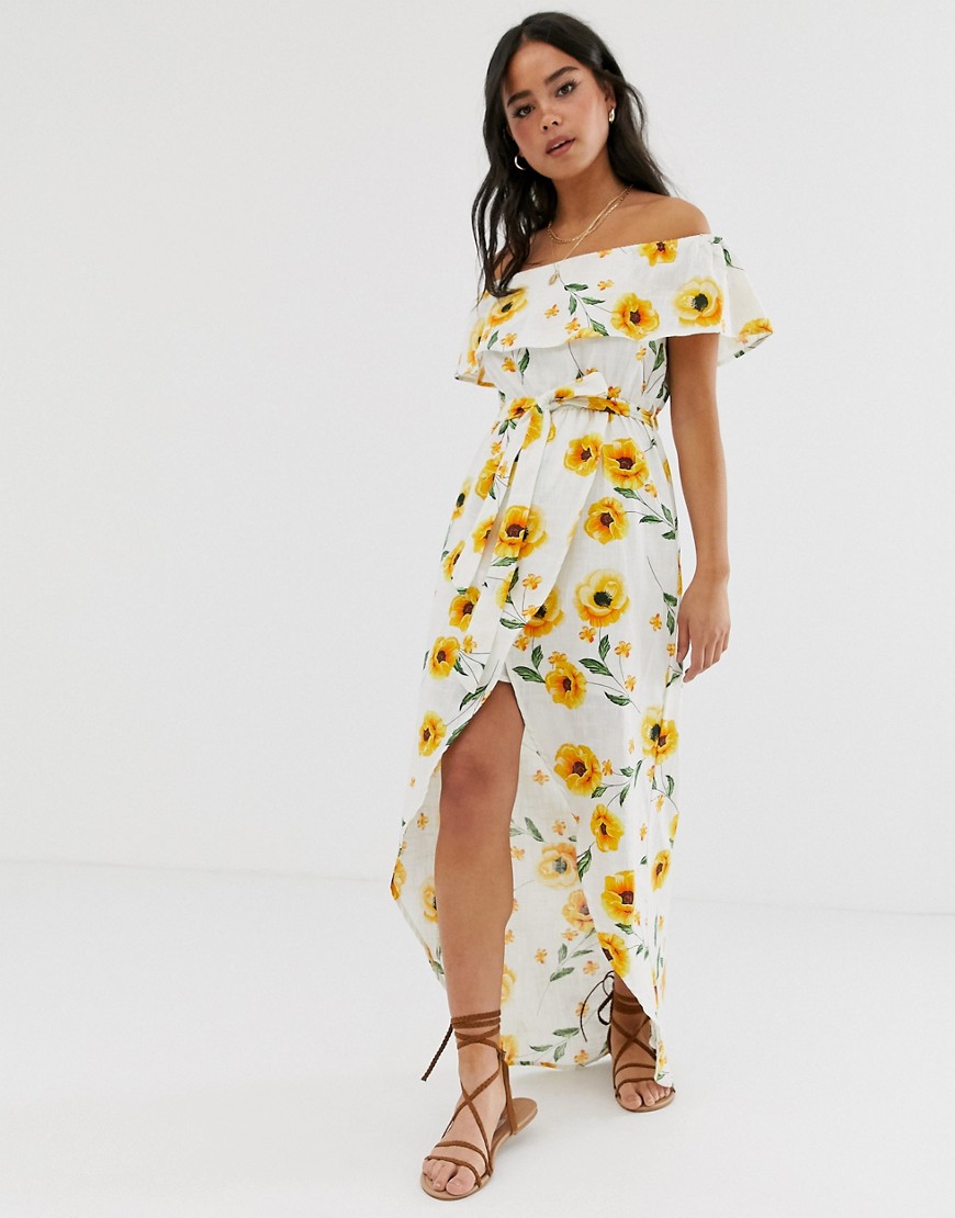 Influence bardot frill maxi dress in sunflower print