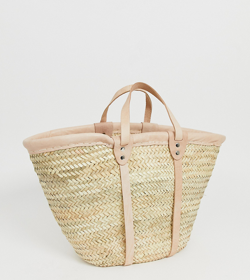 Orelia straw basket bag with leather trim