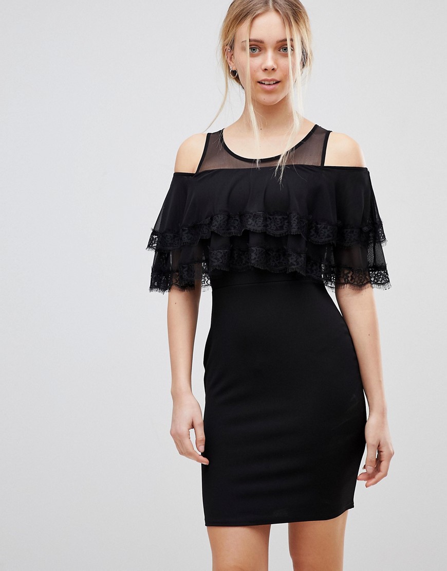 GIRLS ON FILM COLD SHOULDER MIDI DRESS WITH TIPPED FRILL - BLACK,D8856S1A