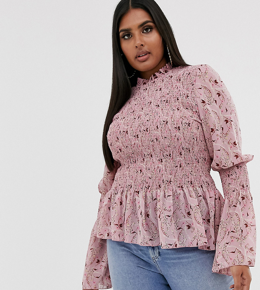 PrettyLittleThing Plus blouse with shirred detail in pink ditsy floral