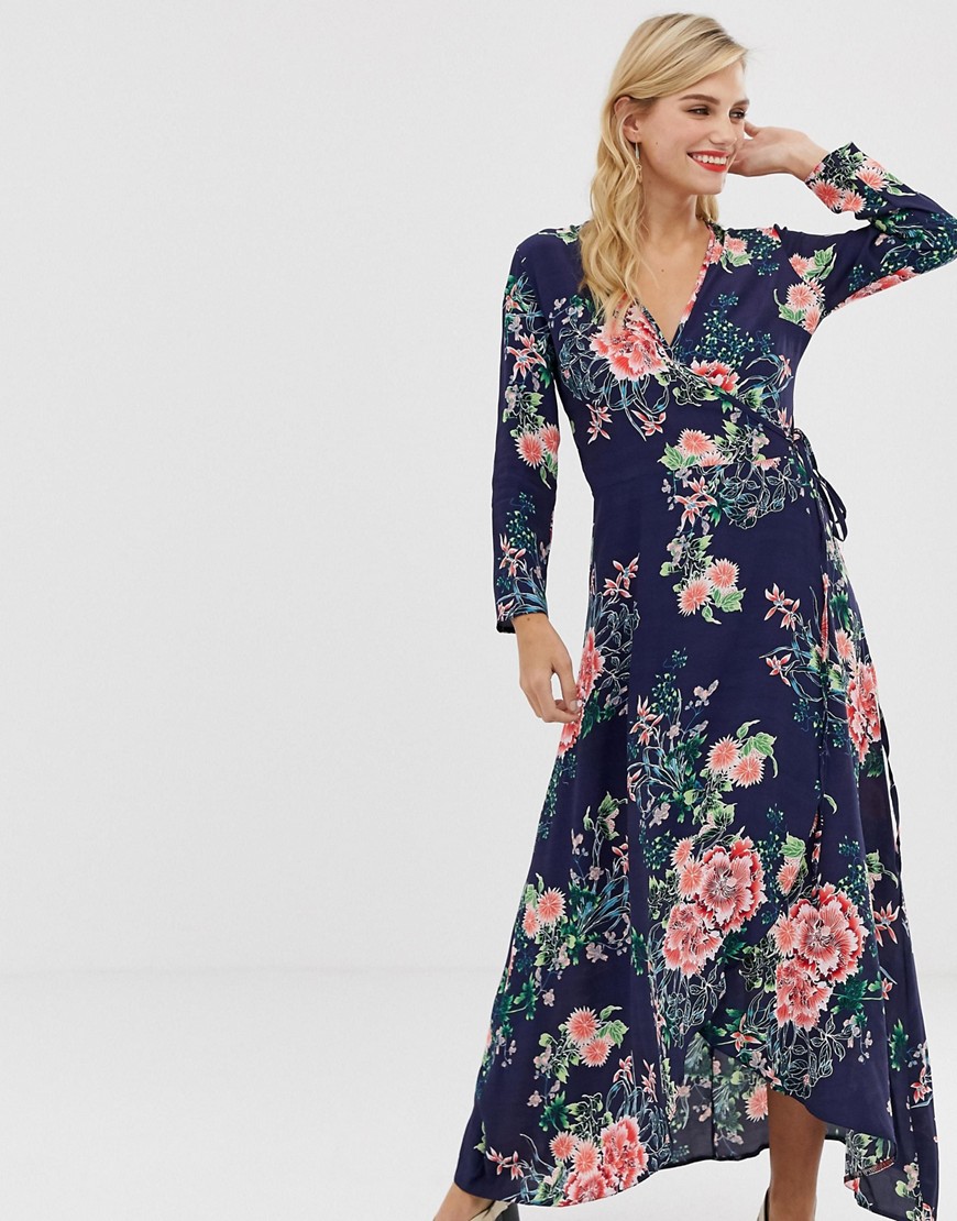 Liquorish floral maxi dress with front splits and wrap front detail