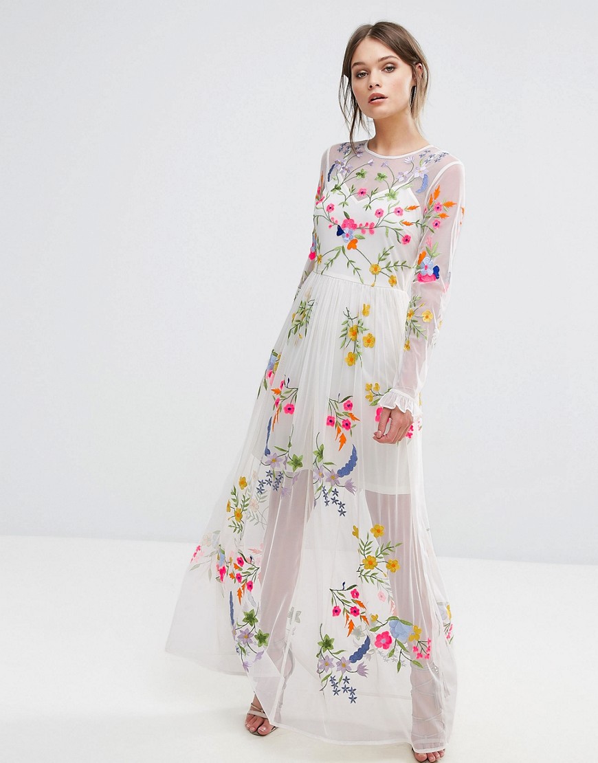 Frock And Frill Embroidered Maxi Dress With Tie Waist - White multi
