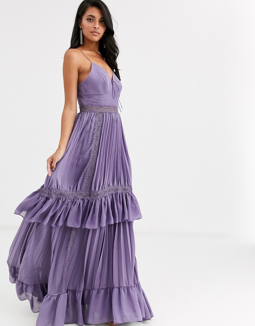 TRUE DECADENCE TRUE DECADENCE CAMI STRAP TIERED MAXI DRESS WITH TIE FRONT IN MAUVE-PURPLE,AC2656