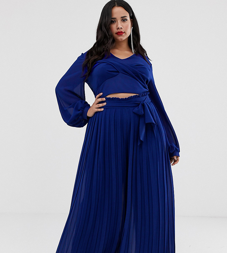 TFNC Plus pleated wide leg trousers co-ord with tie waist in cobalt
