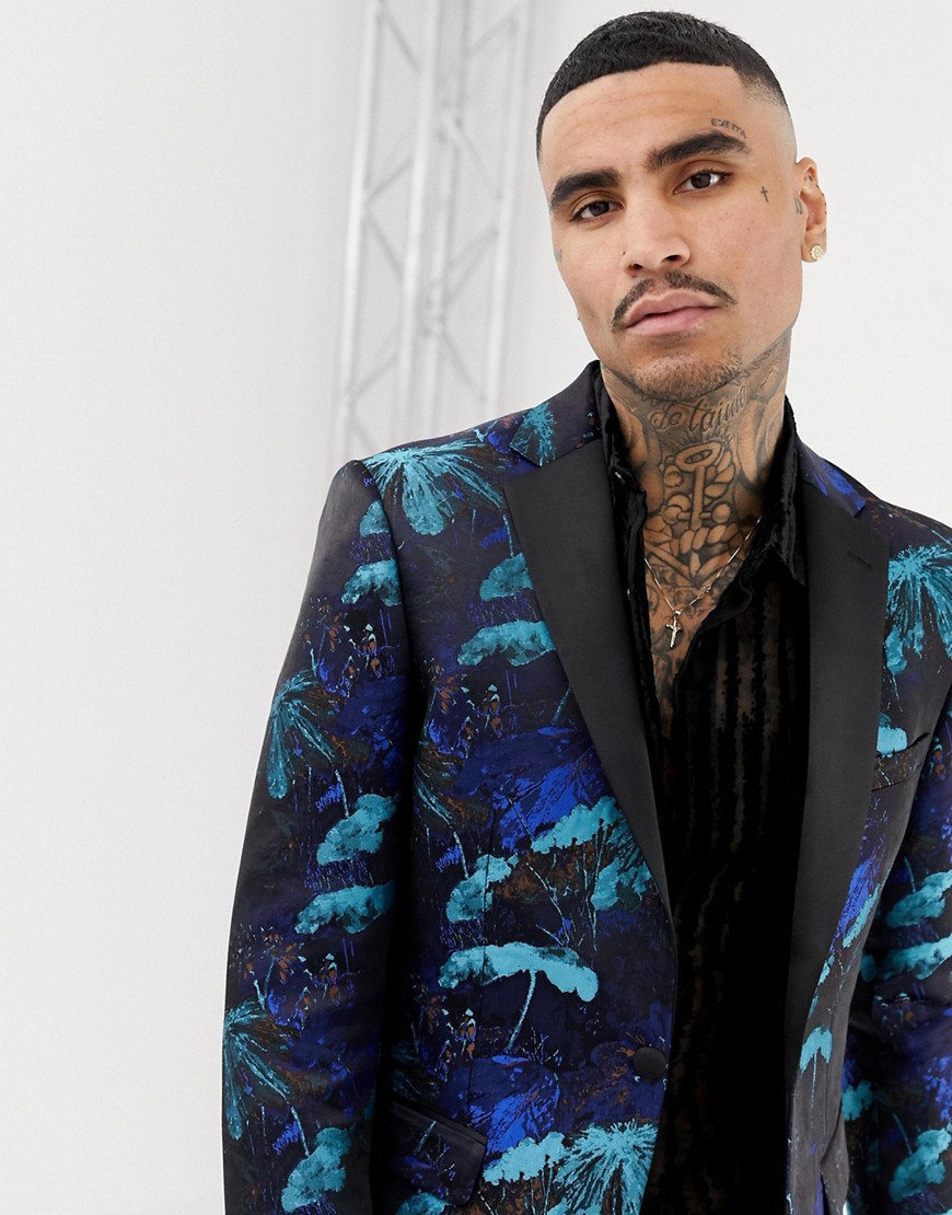 Moss London suit jacket in turquoise floral jacquard