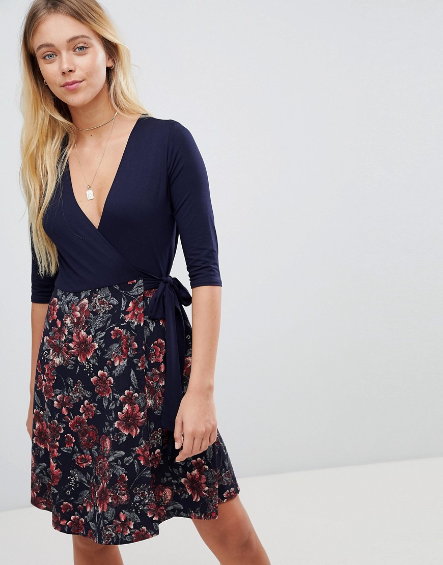 Gilli 2-in-1 Floral Skater Dress With 3/4 Sleeves - Dark navy