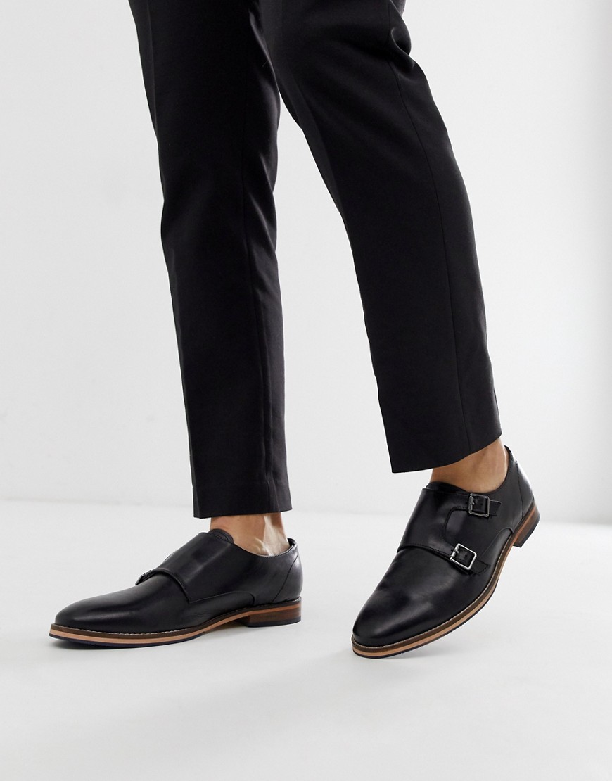 ASOS DESIGN monk shoes in black leather with natural sole