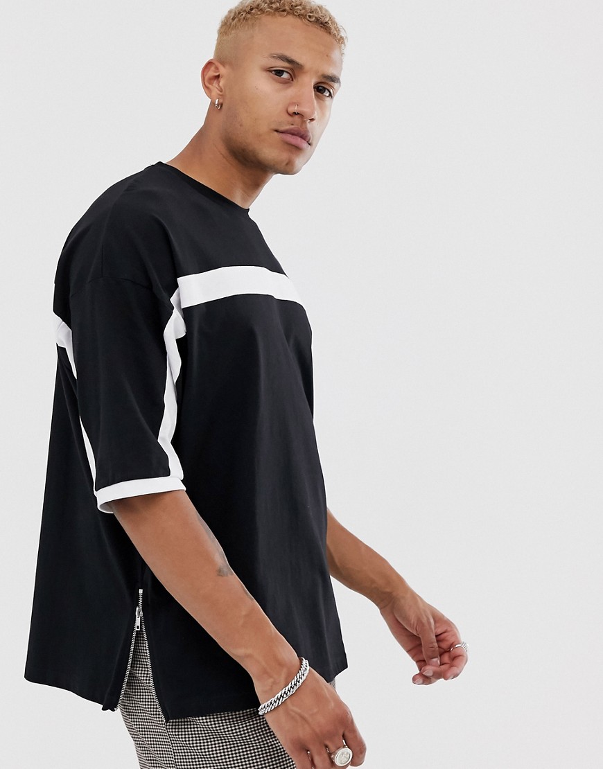 ASOS DESIGN oversized t-shirt with half sleeve and colour block and side zips in black