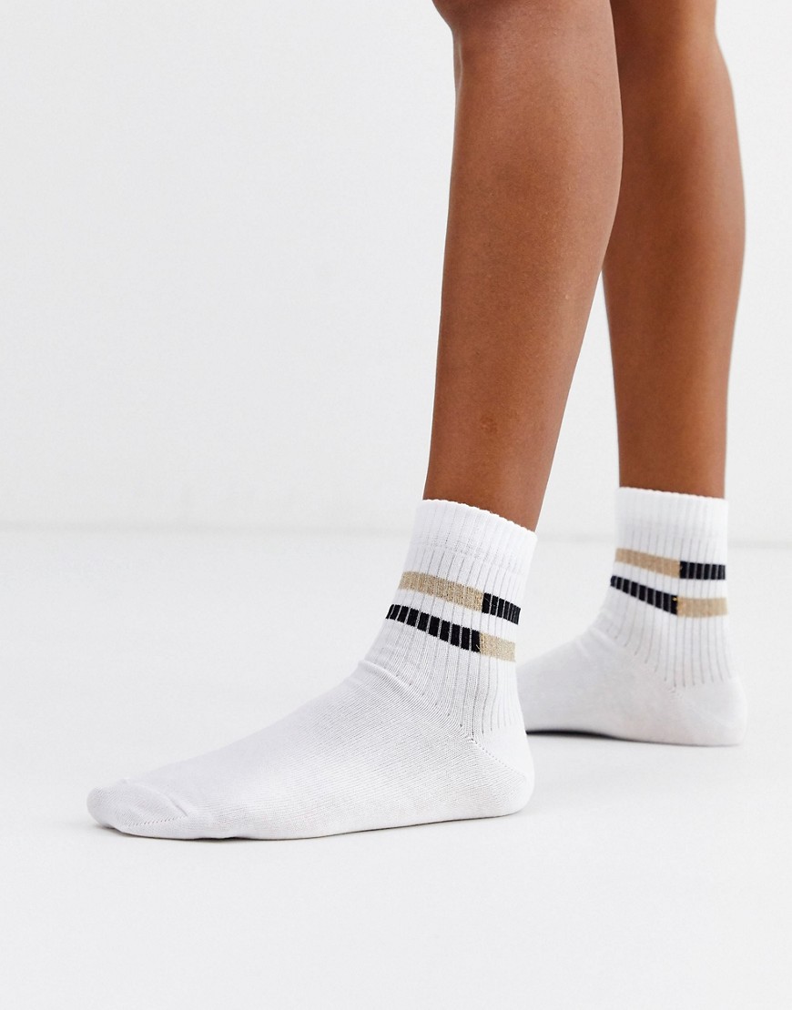 ASOS DESIGN glitter rib stripe ankle socks in white gold black