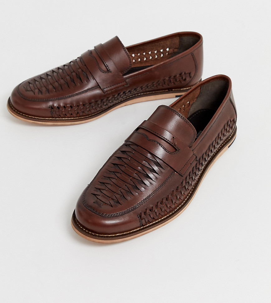 Silver Street wide fit leather woven loafer shoes in tan