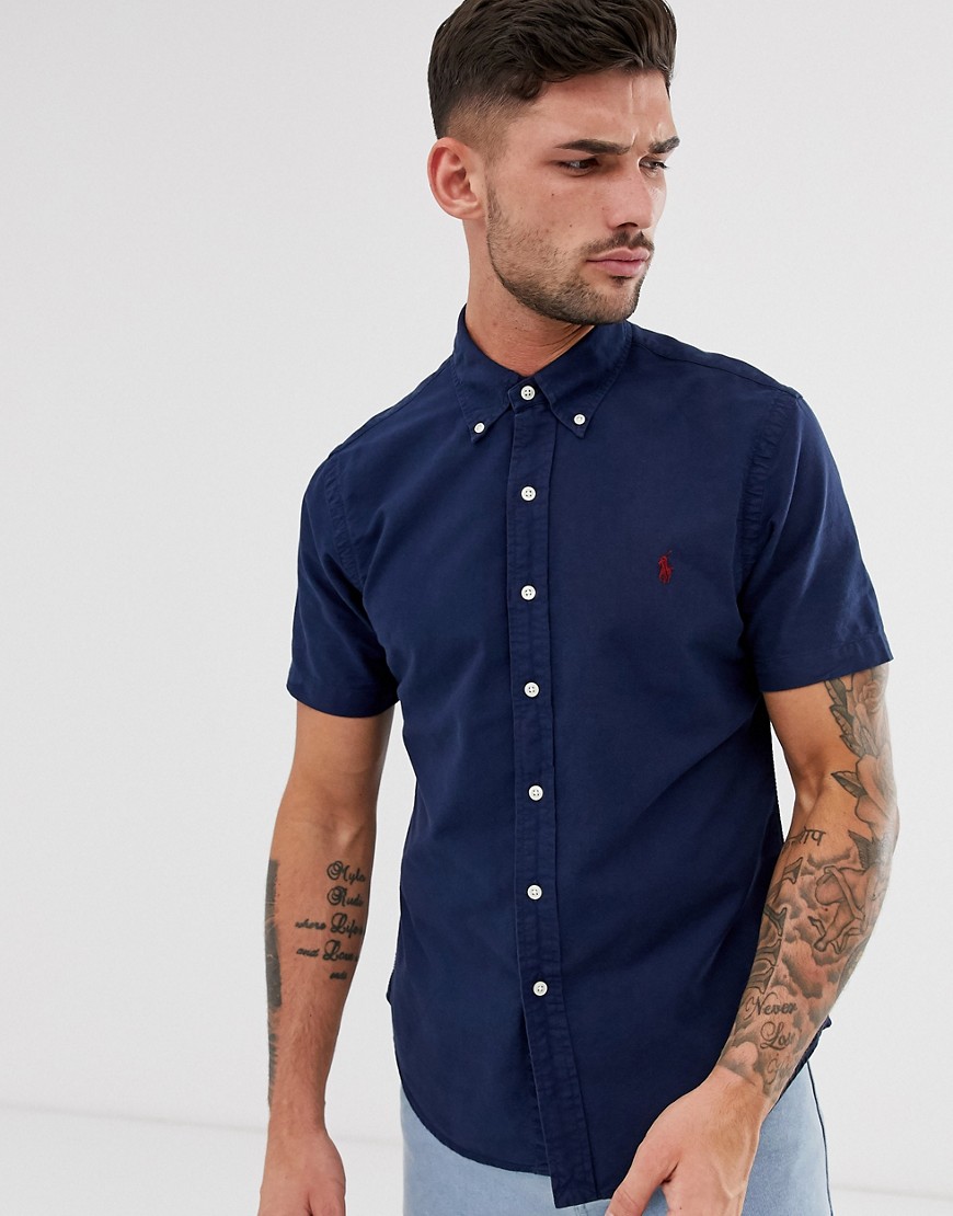 Polo Ralph Lauren short sleeve garment dyed oxford shirt slim fit button down player logo in navy