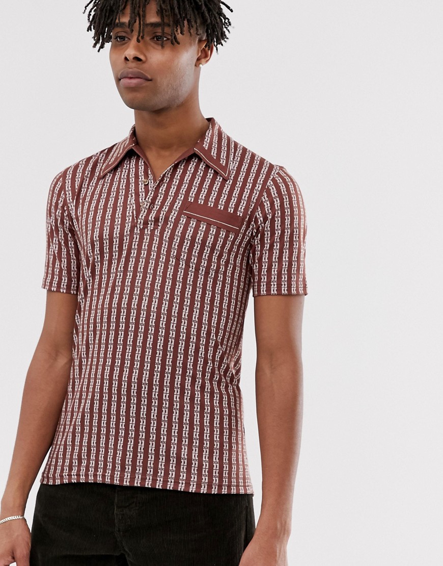 Sacred Hawk open neck polo shirt in brown stripe