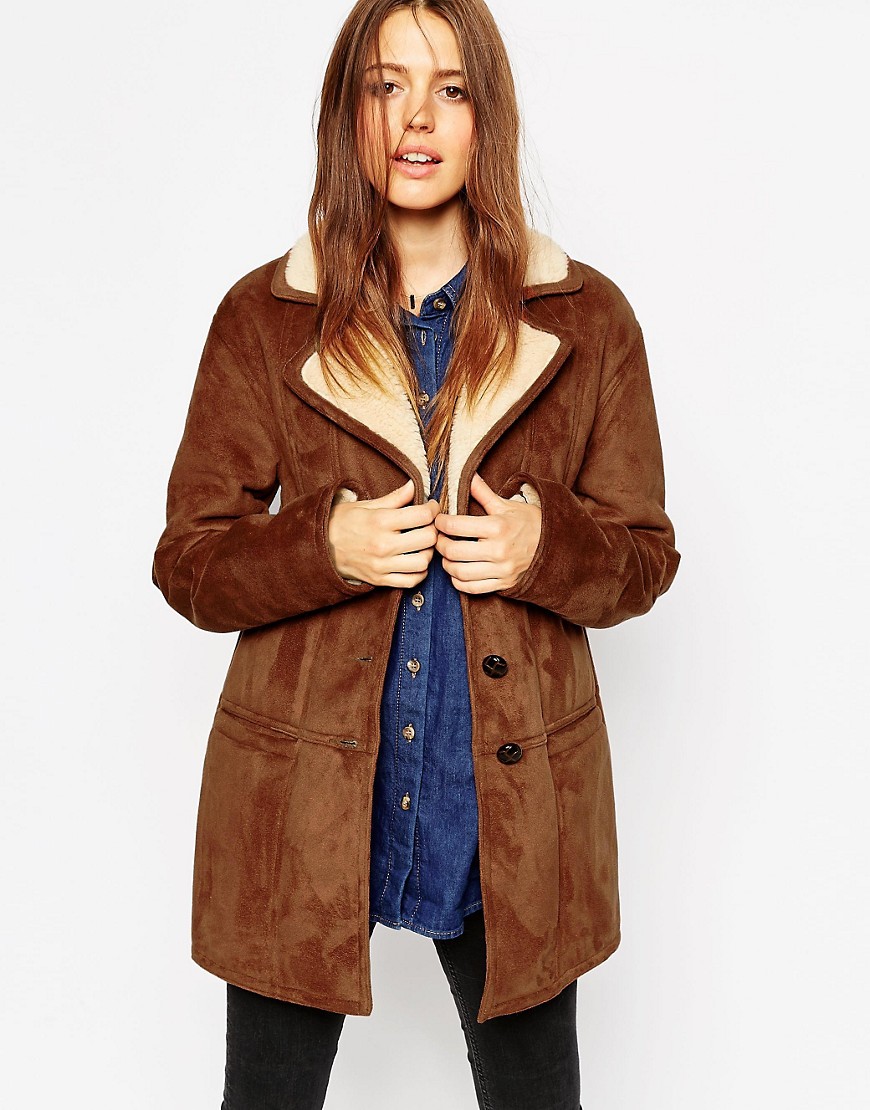ASOS Coat In Faux Shearling with Panel Detail