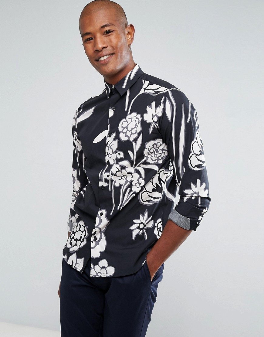 Selected Homme Shirt In Slim Fit With All Over Floral Print - Black
