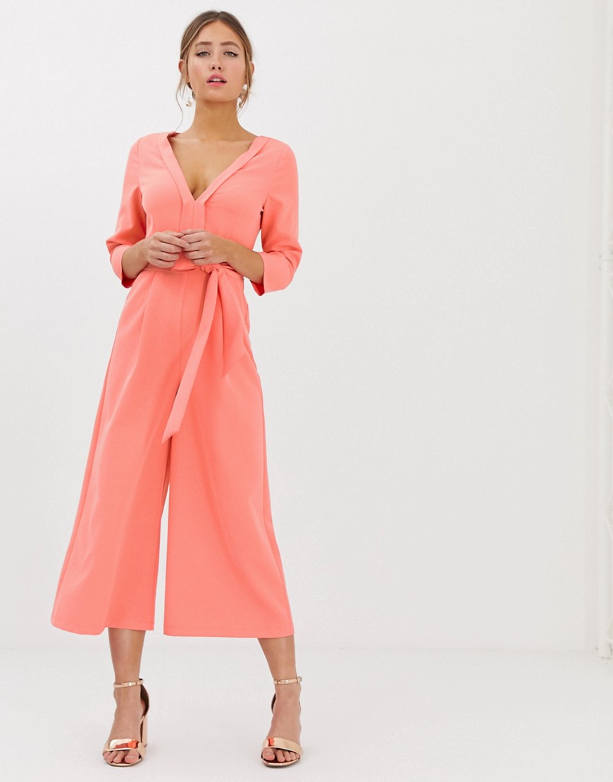 Paper Dolls wide leg culotte jumpsuit with tie waist in coral