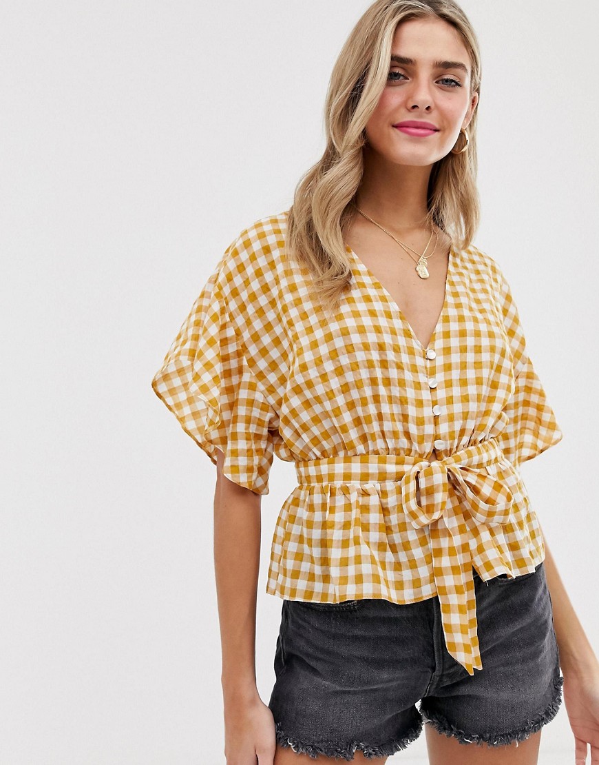Miss Selfridge tie front blouse in yellow gingham