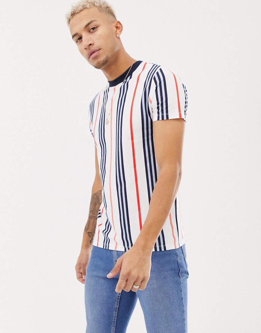 ASOS DESIGN organic cotton retro vertical striped t-shirt with contrast neck