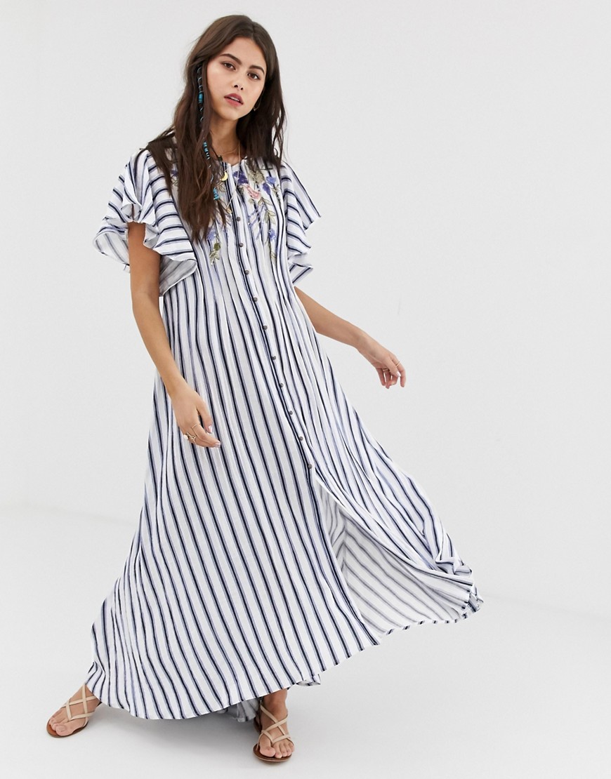 Aratta maxi dress in stripe with floral embroidery