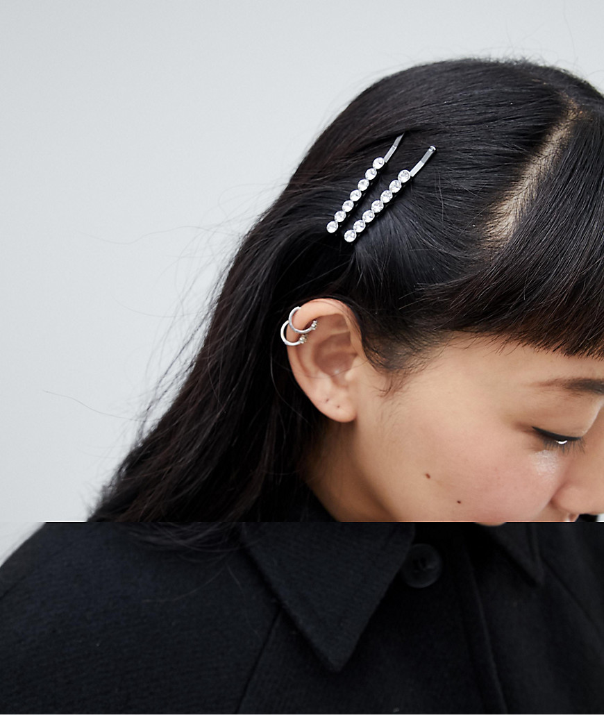 Monki hair pin with clear rhinestones in silver - Silver