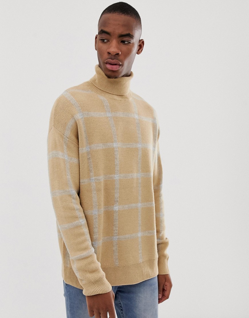 Bershka knitted roll neck jumper in camel with grey check
