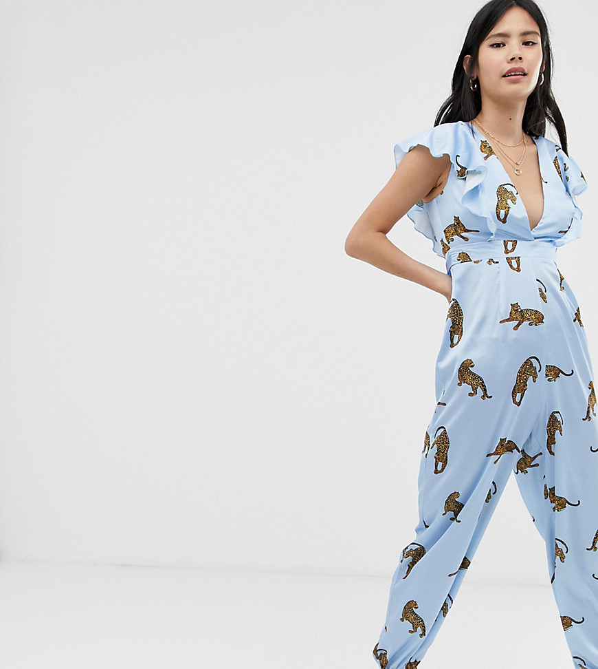 Kiss The Sky plunge jumpsuit in satin cheetah print