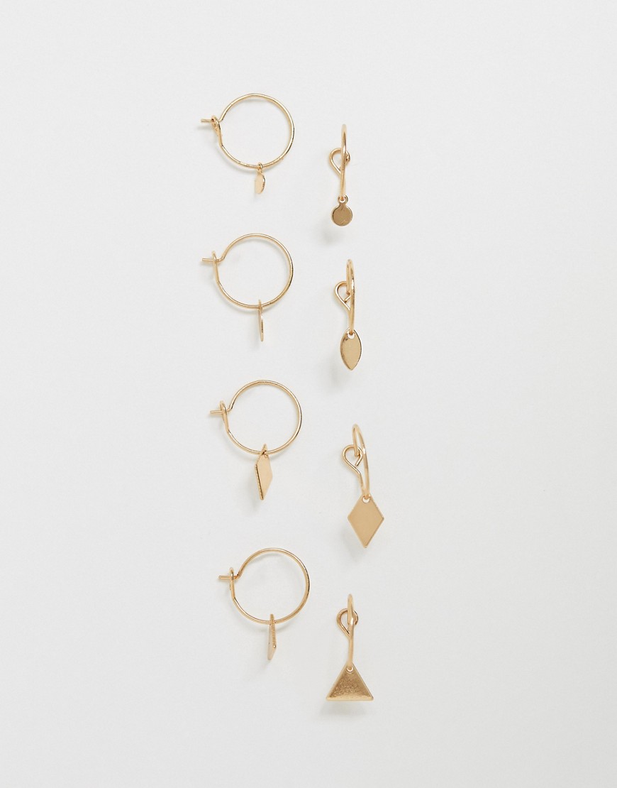 Asos Design Pack Of 4 Fine Hoops With Geo Shape Charms In Gold Tone