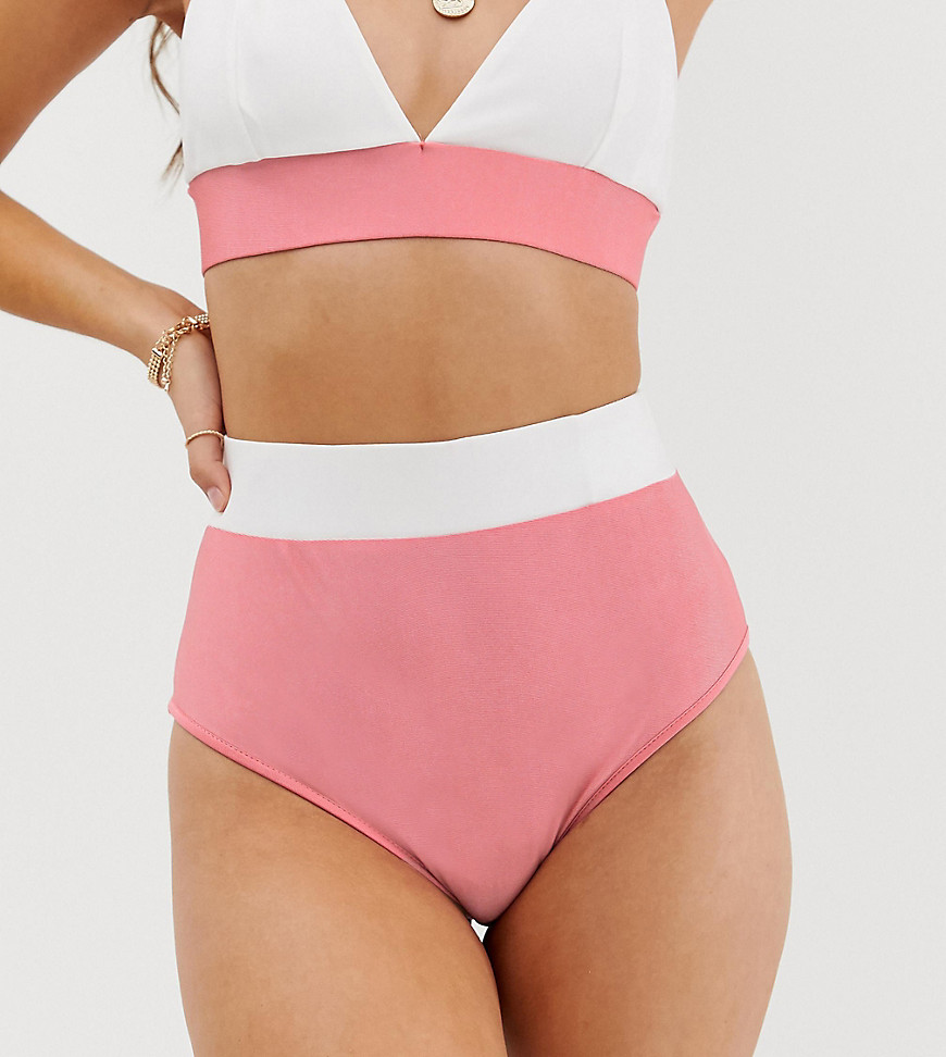 PrettyLittleThing high waist bikini bottoms with contrast panel in pink and white