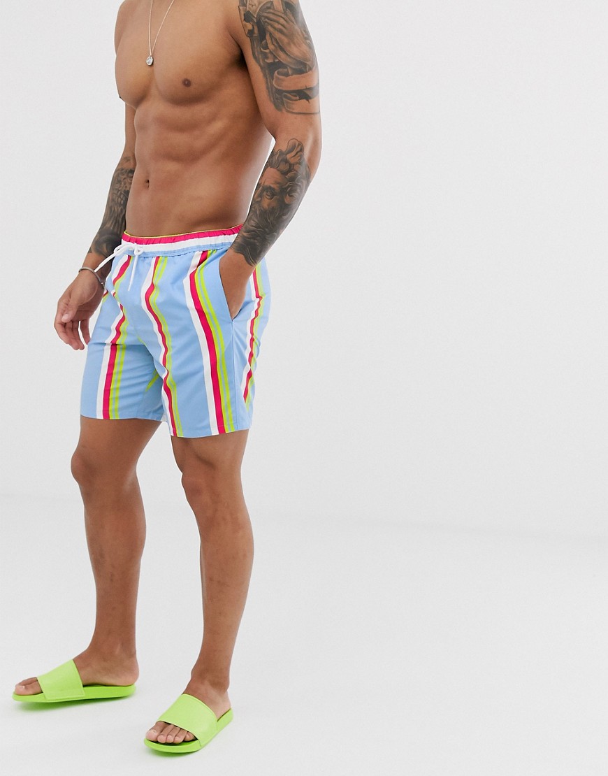 ASOS DESIGN swim shorts in pink and green stripe mid length