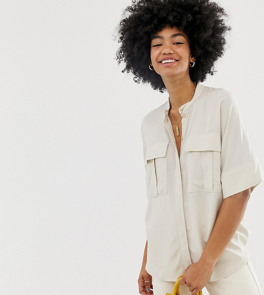 Weekday oversized short sleeve blouse with pockets in beige