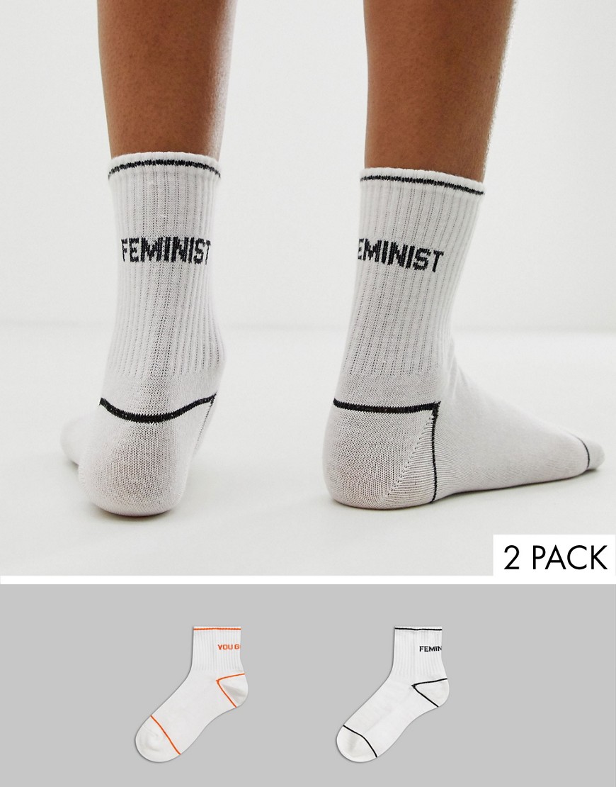 Monki 2-pack slogan socks in white