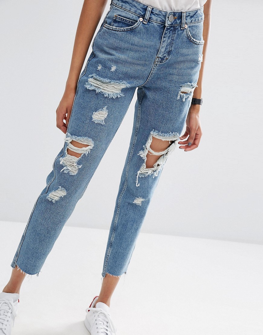 ASOS | ASOS Original Mom Jeans in Jana Mid Stonewash with Busts and ...