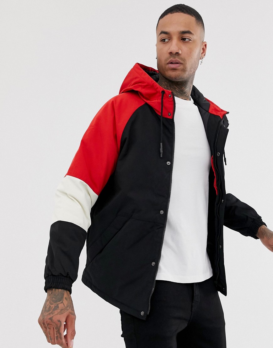 Bershka hooded jacket in black with red colour blocking