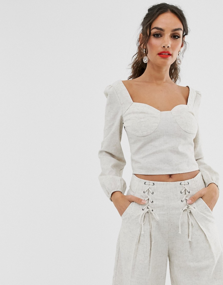 Outrageous Fortune square neck crop top with balloon sleeves in sand