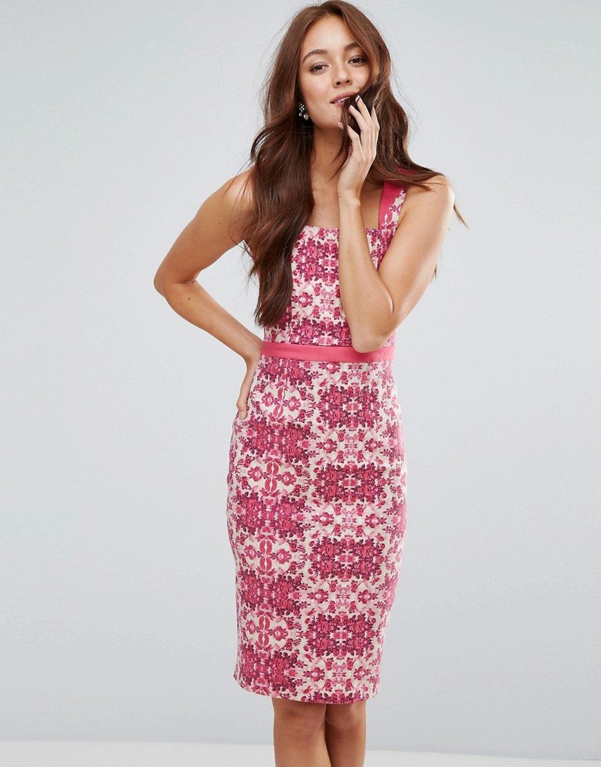 Vesper Belted Pencil Dress In Floral Print - Pink