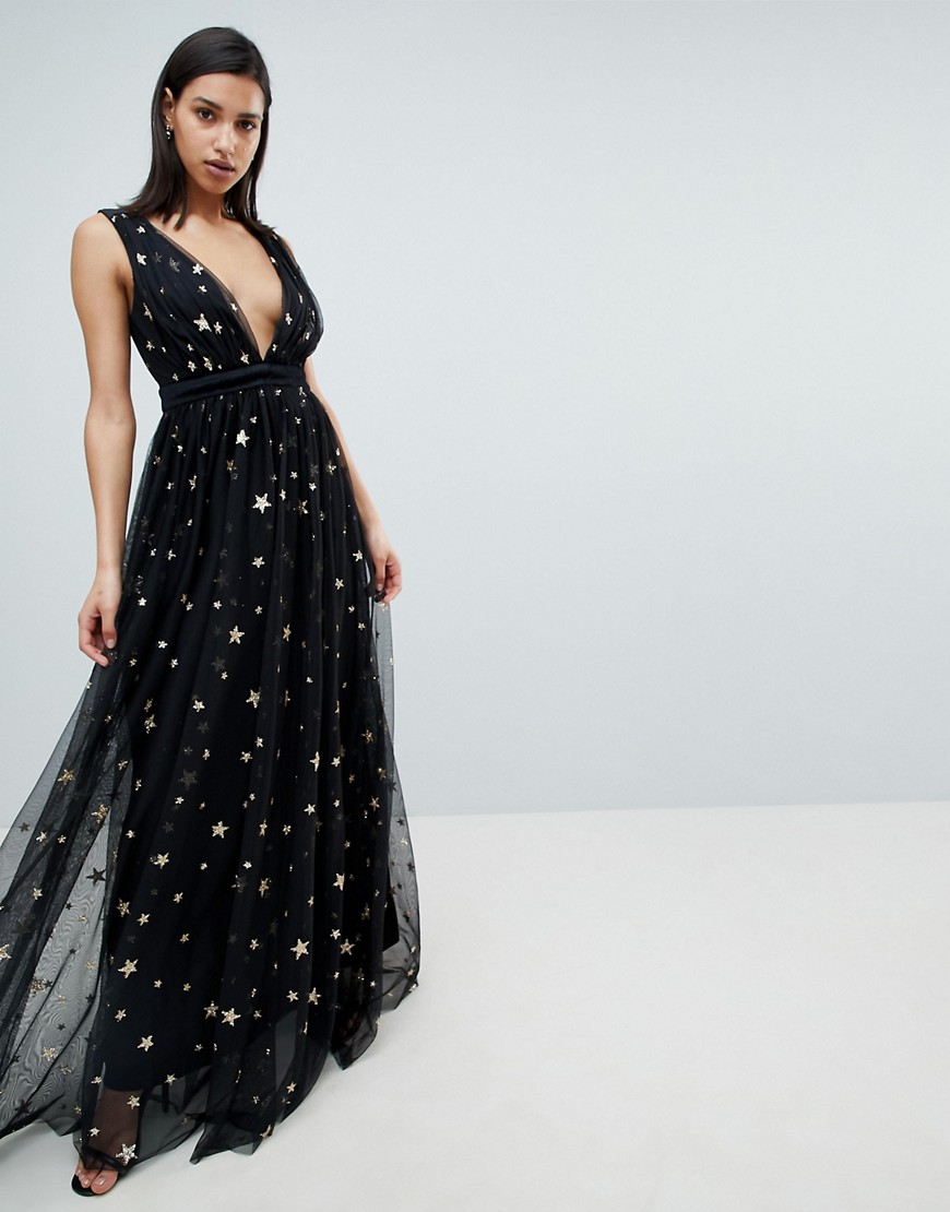 City Goddess Glitter Star Print Maci Dress With V Back - Black