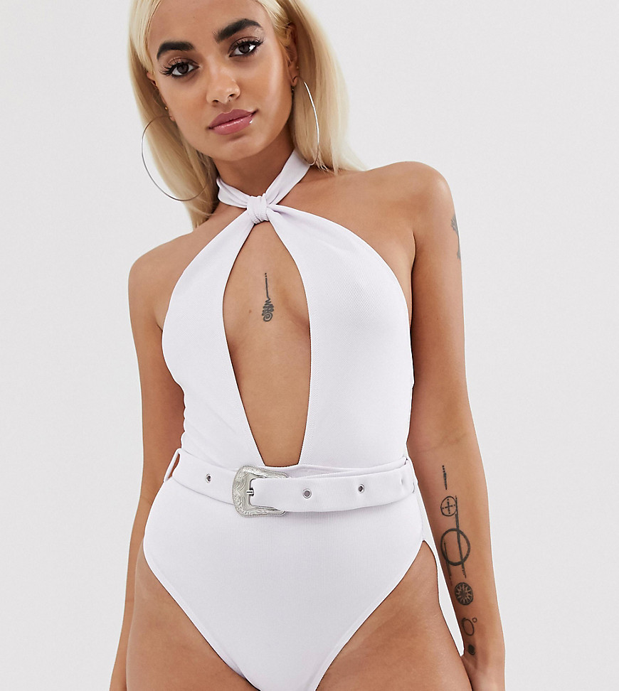 ASOS DESIGN petite high neck deep plunge western belted swimsuit in white bandage