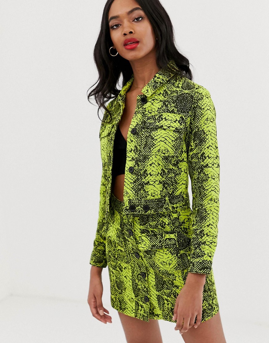 ASOS DESIGN denim jacket in neon lime snake print