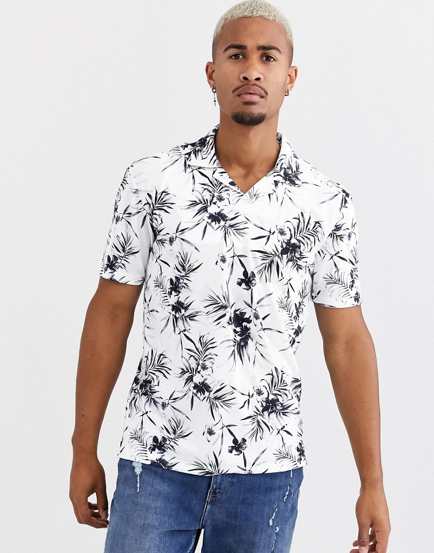 Only & Sons revere collar palm print t-shirt in white