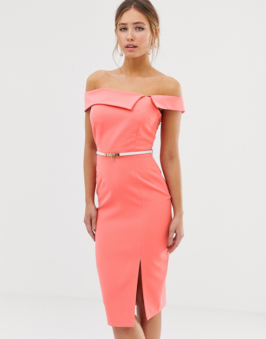 Paper Dolls cutaway neck pencil dress with belt in coral