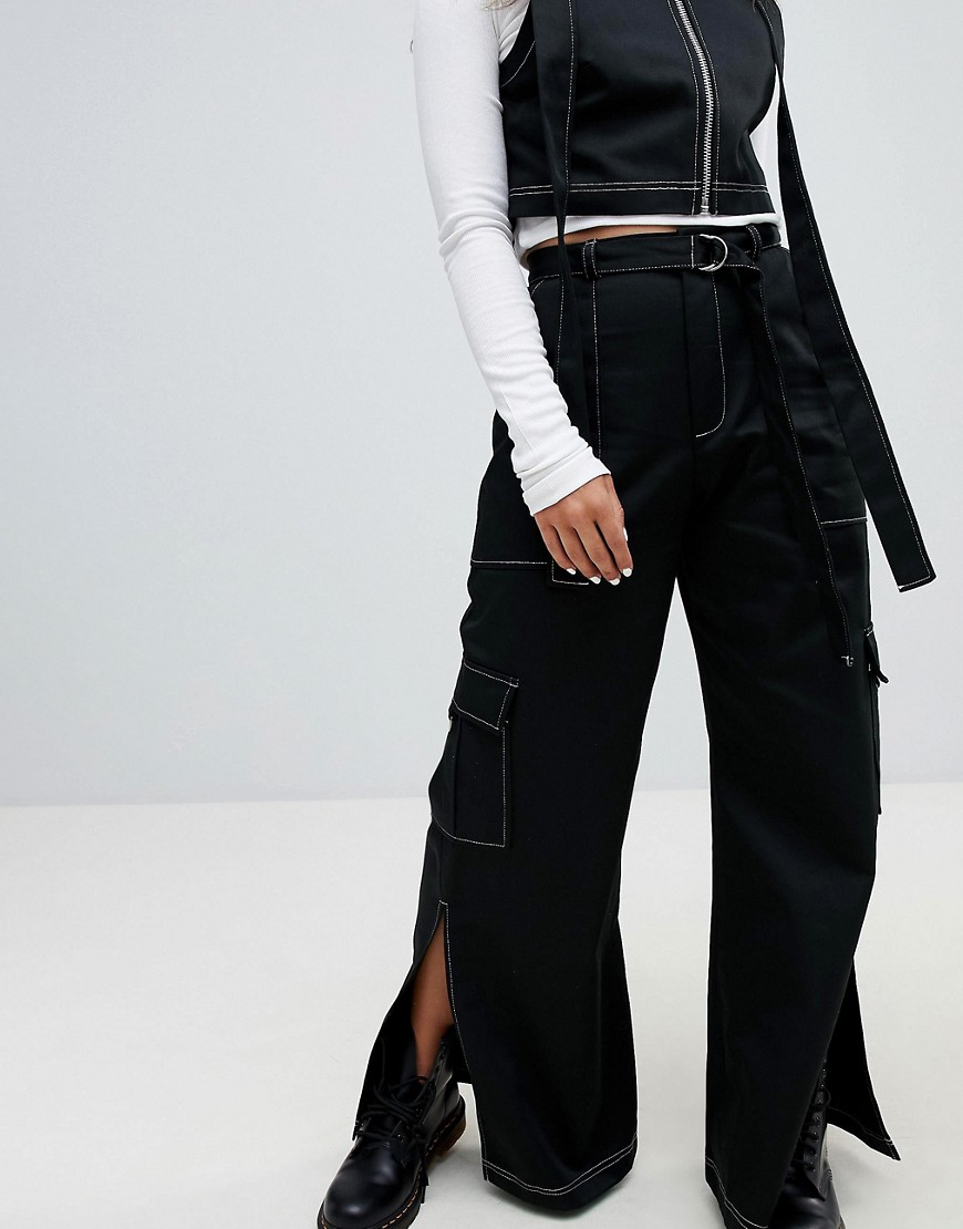 The Ragged Priest Wide Leg Heavy Cotton Trousers With Top Stitch Detail And D-ring Belt - Black