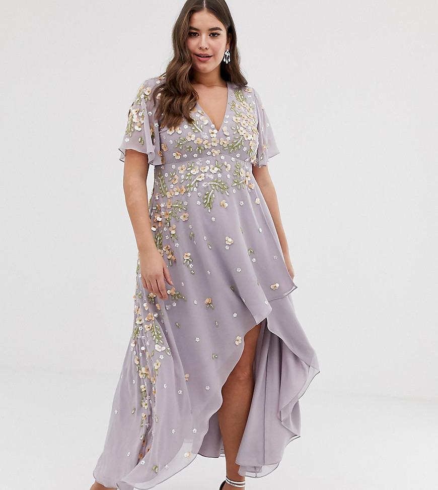ASOS DESIGN Curve dipped hem maxi dress with 3D embellishment and ruffle sleeve