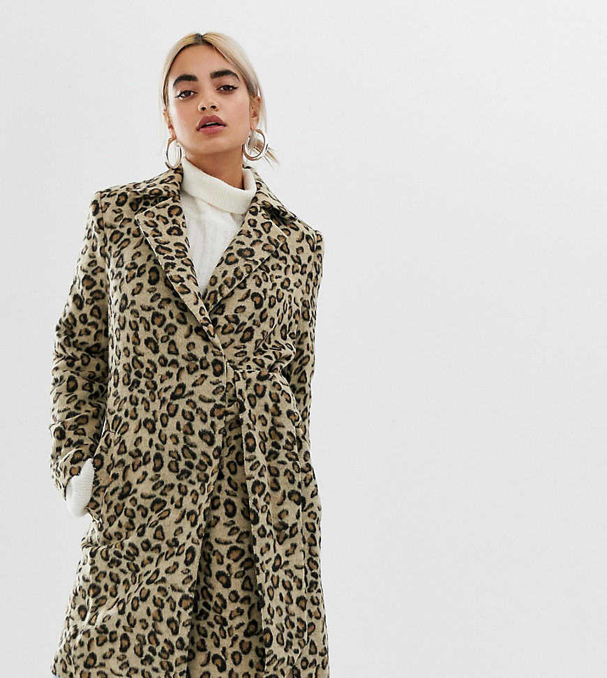 Lost Ink Petite Coat With Side Tie In Leopard Print