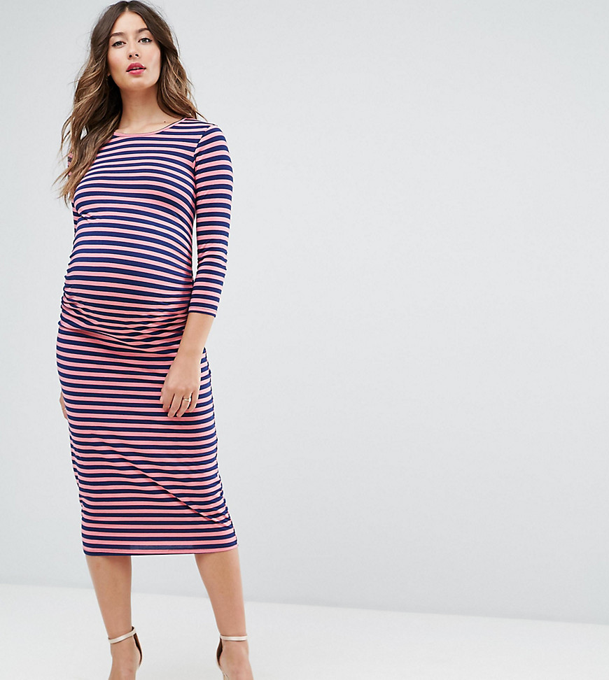 Bluebelle Maternity Bodycon Dress with 3/4 Sleeve In Stripe - Multi stripe